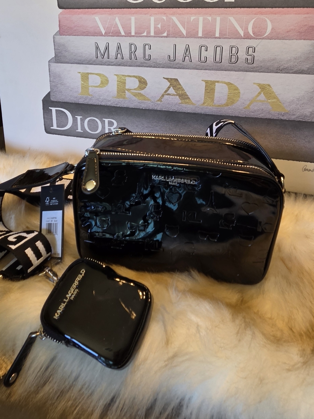 KARL LAGERFELD Black Patent Embossed Bag with Silver Zippers